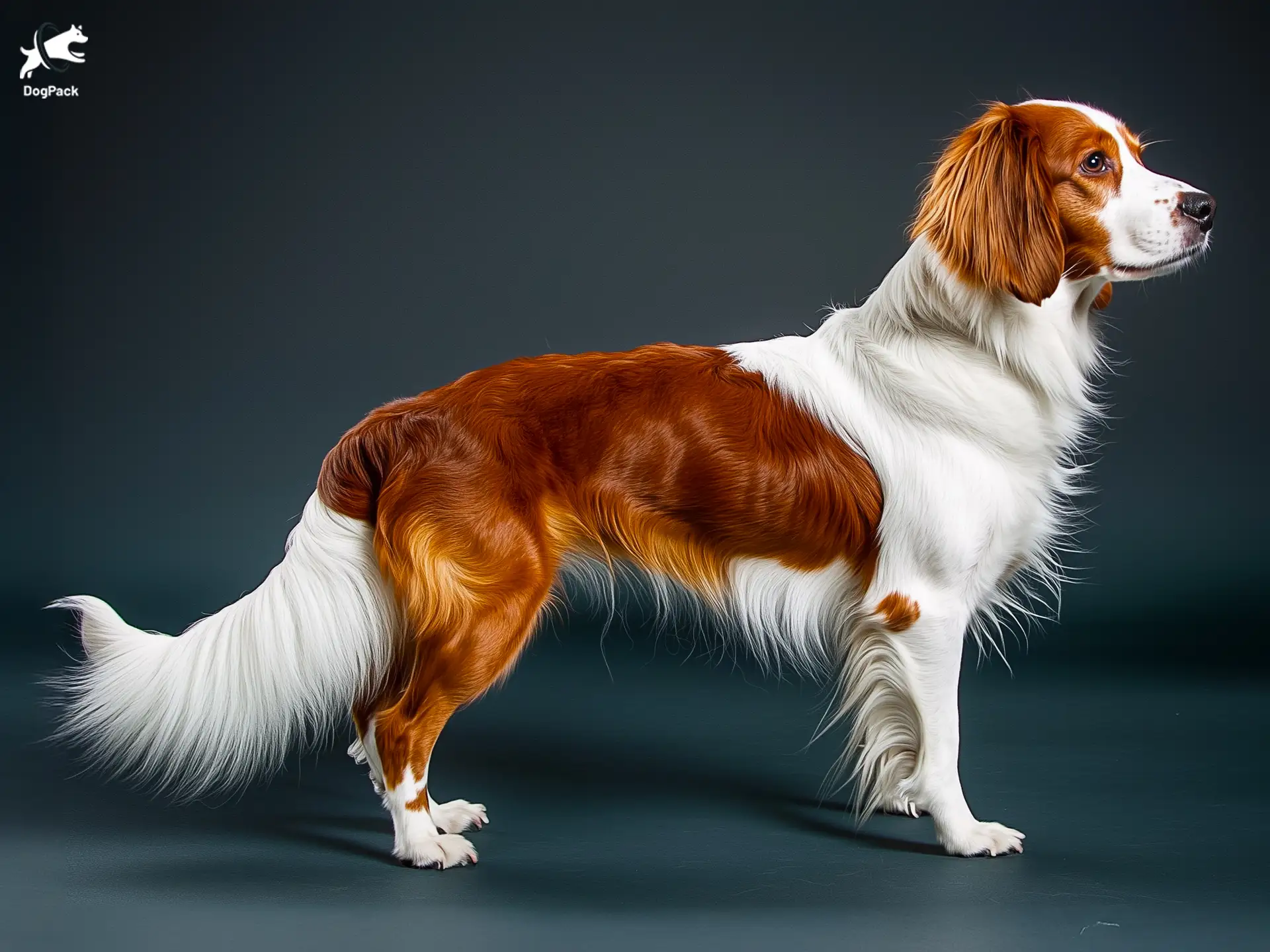 Kooikerhondje Dog breed full body view standing against green background