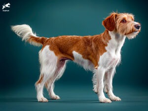 Kromfohrländer Dog breed full body view standing against green background