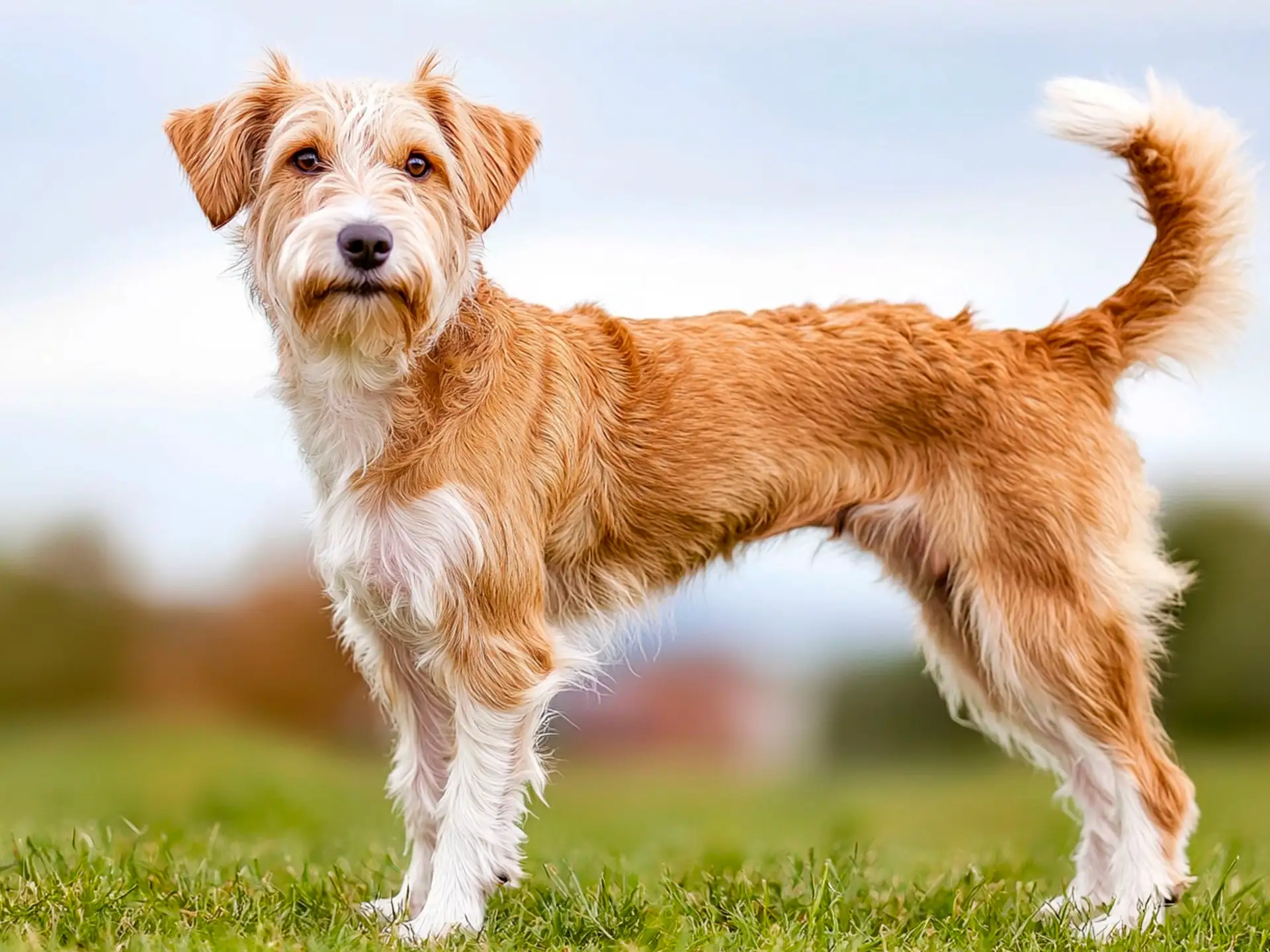 Full-body side view of a Kromfohrländer standing on a grassy field, showcasing its medium-sized build, wiry coat, and curled tail.