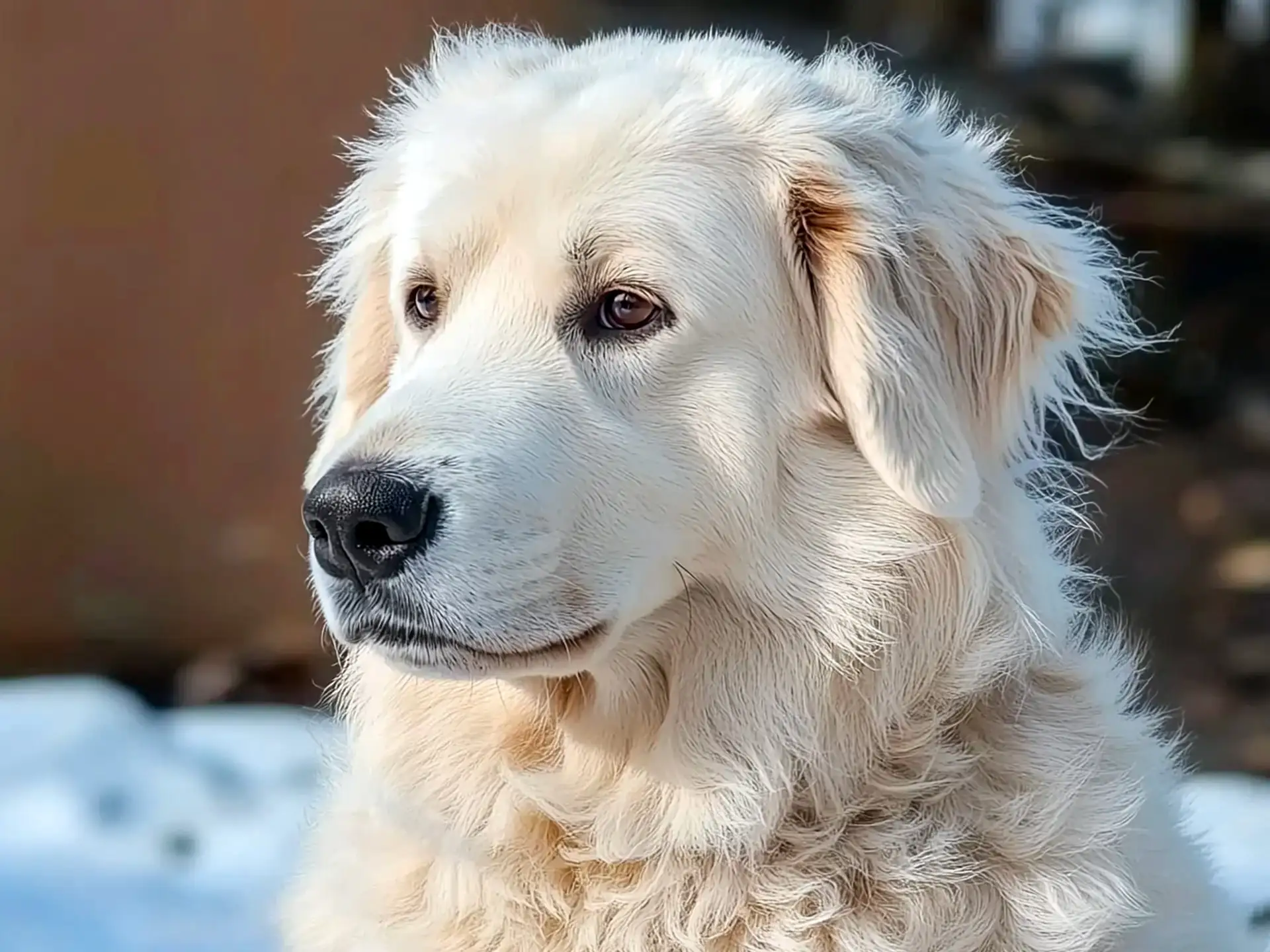 Close-up portrait of a Kuvasz dog with a thick, fluffy white coat and dark expressive eyes