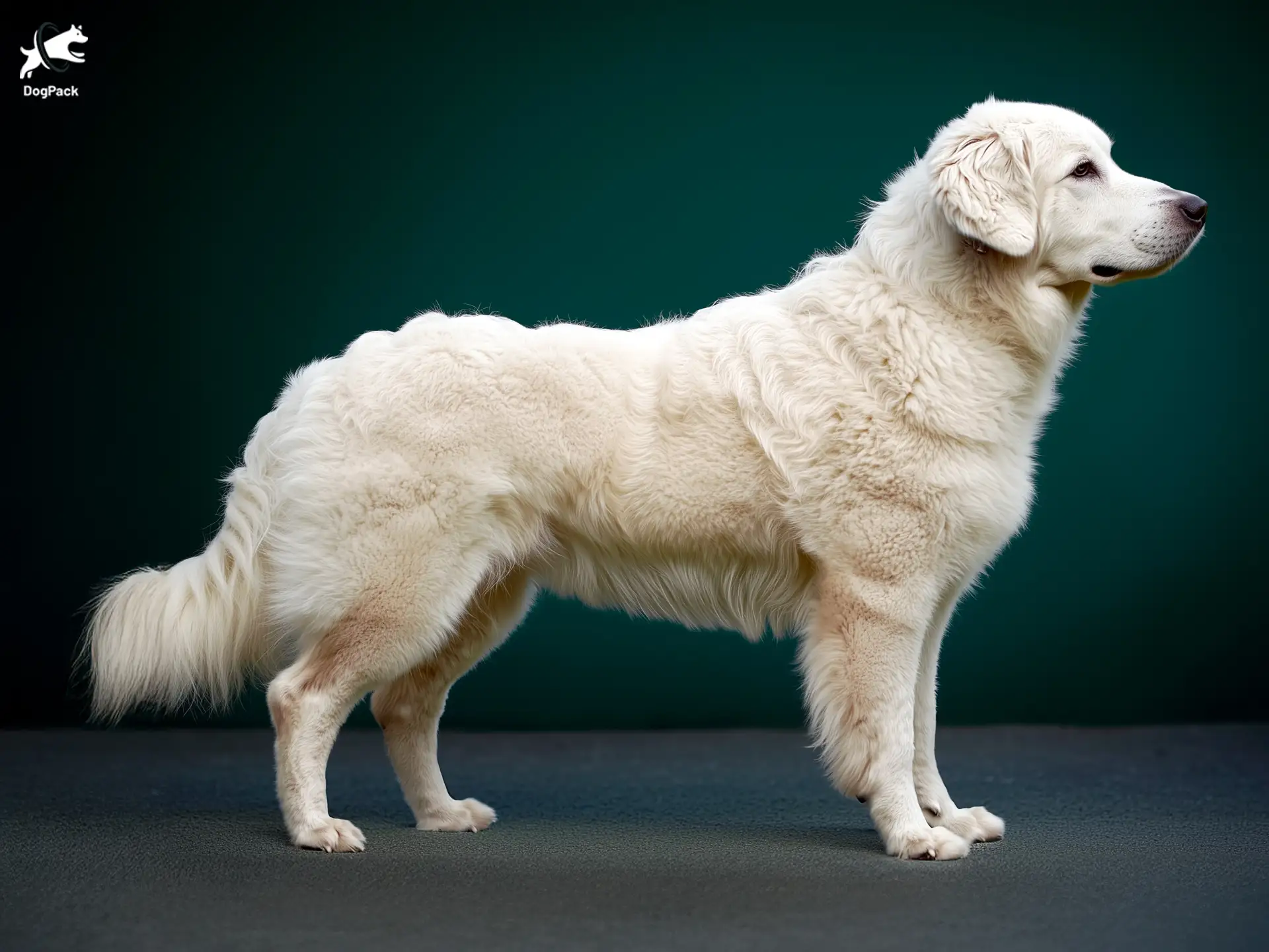 Kuvasz Dog breed full body view standing against green background