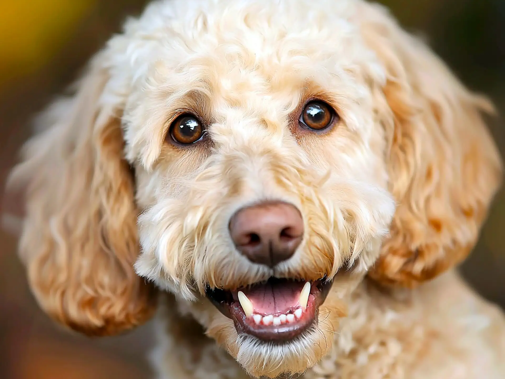 Close-up of a happy Labradoodle with a curly coat and brown eyes.