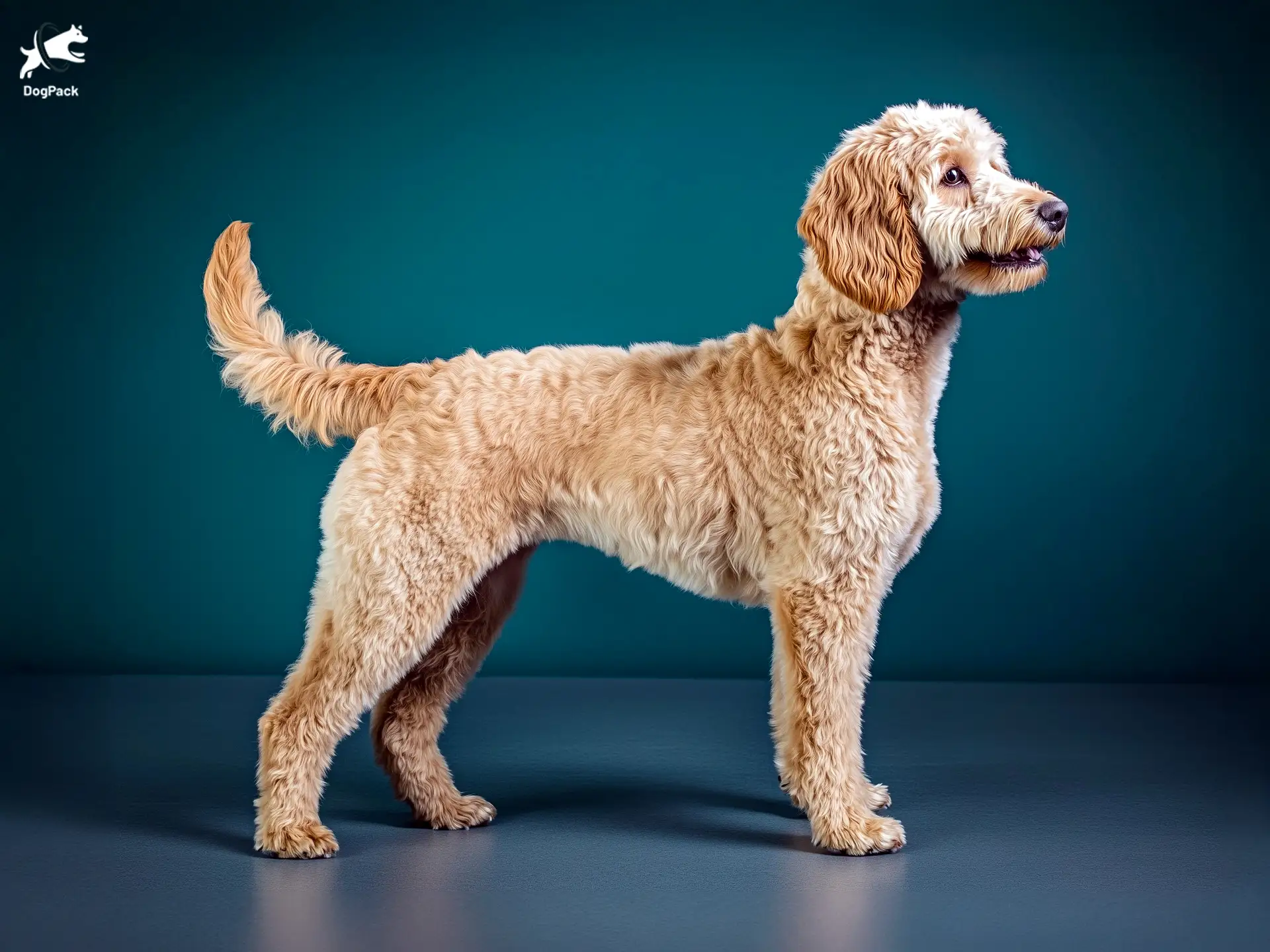 Labradoodle Dog breed full body view standing against green background