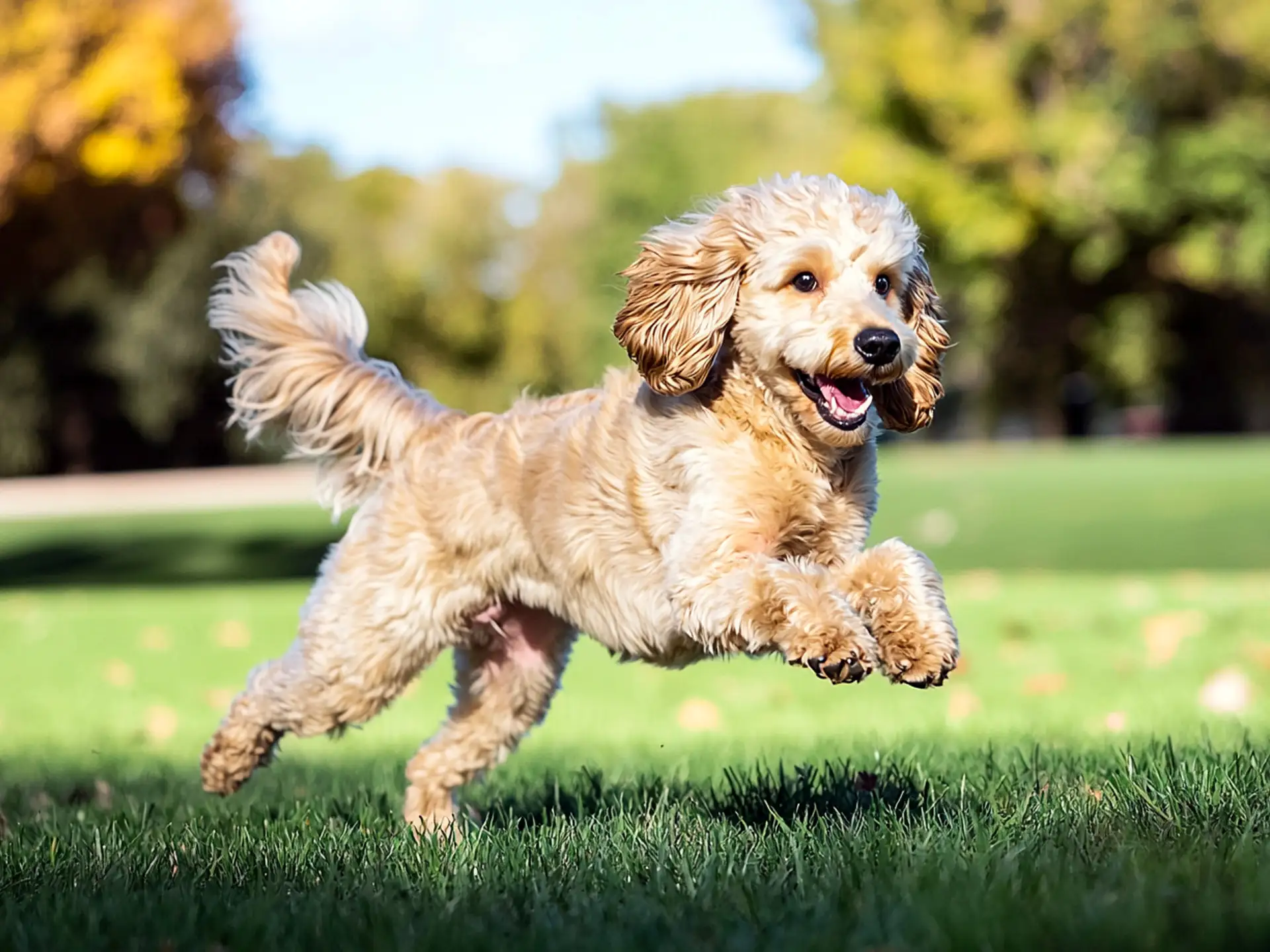 Energetic Labradoodle joyfully running across a grassy field.