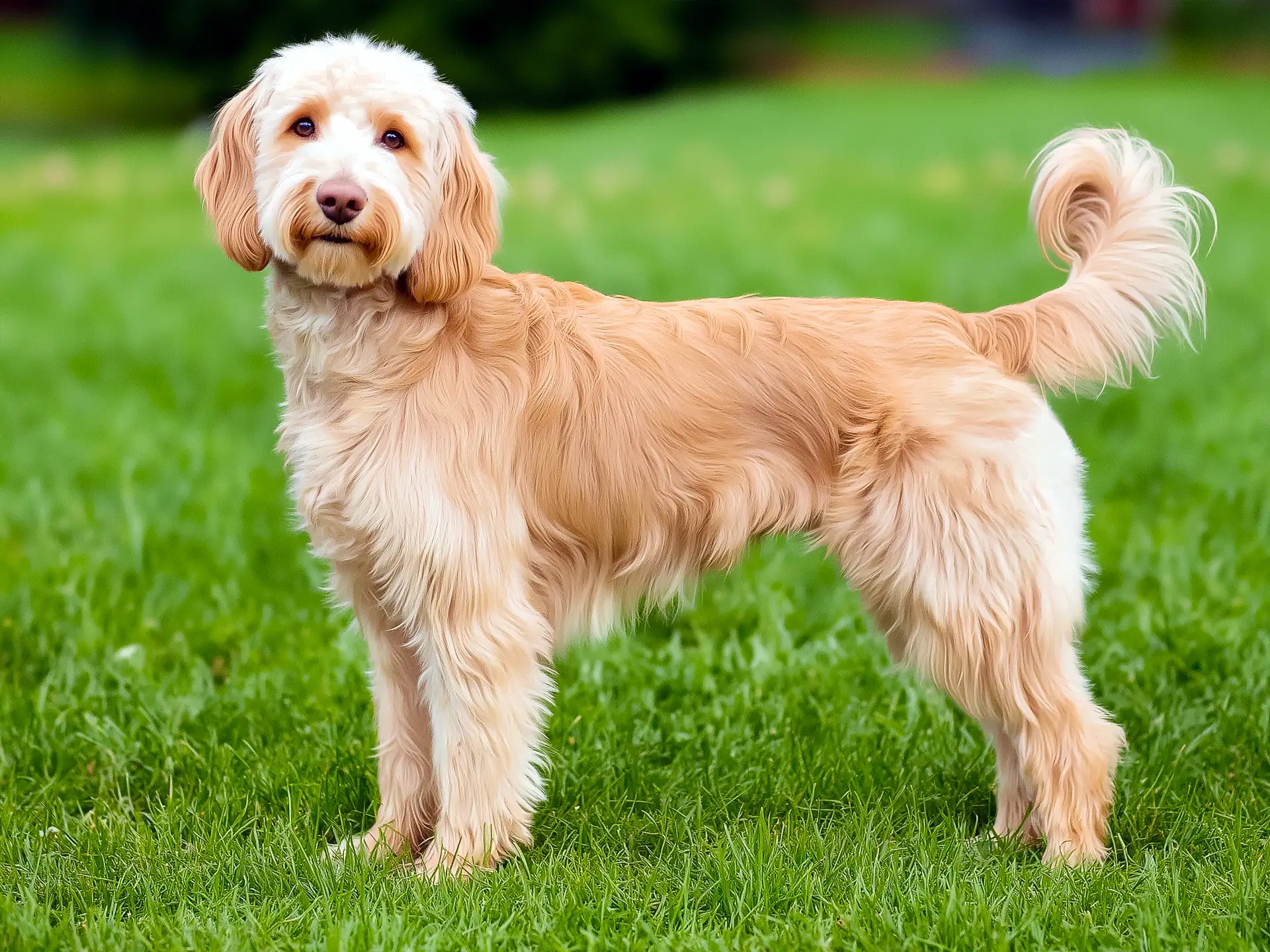 Labradoodle standing on lush green grass in a park.