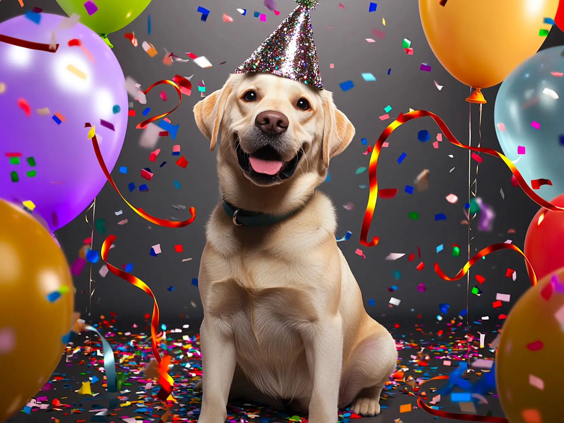 Labrador Retriever wearing a sparkly party hat among vibrant confetti, celebrating the most popular dog breeds in 2025