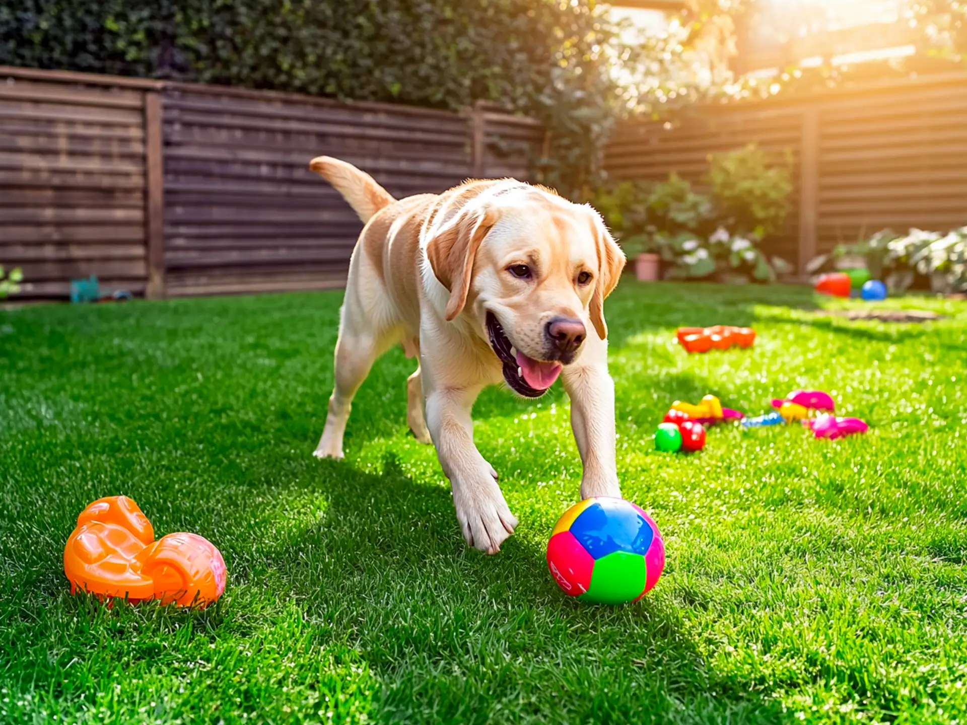 Labrador Retriever playing fetch in a sunny backyard, showcasing its low-maintenance coat and friendly nature, perfect for active and loving households.