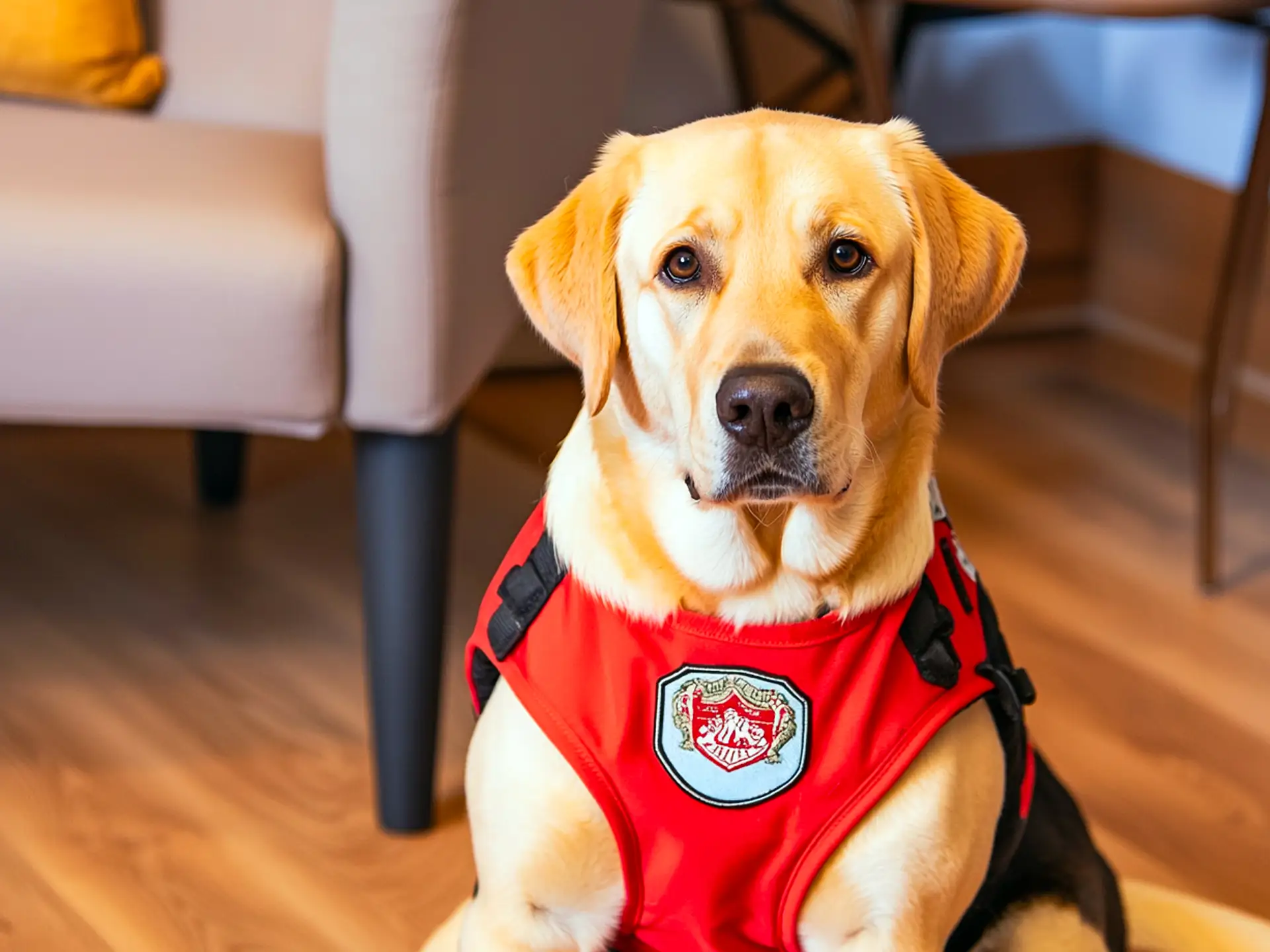 Labrador Retriever therapy dog wearing a red therapy vest, sitting calmly in a cozy therapy room, ideal for providing emotional support and autism therapy.