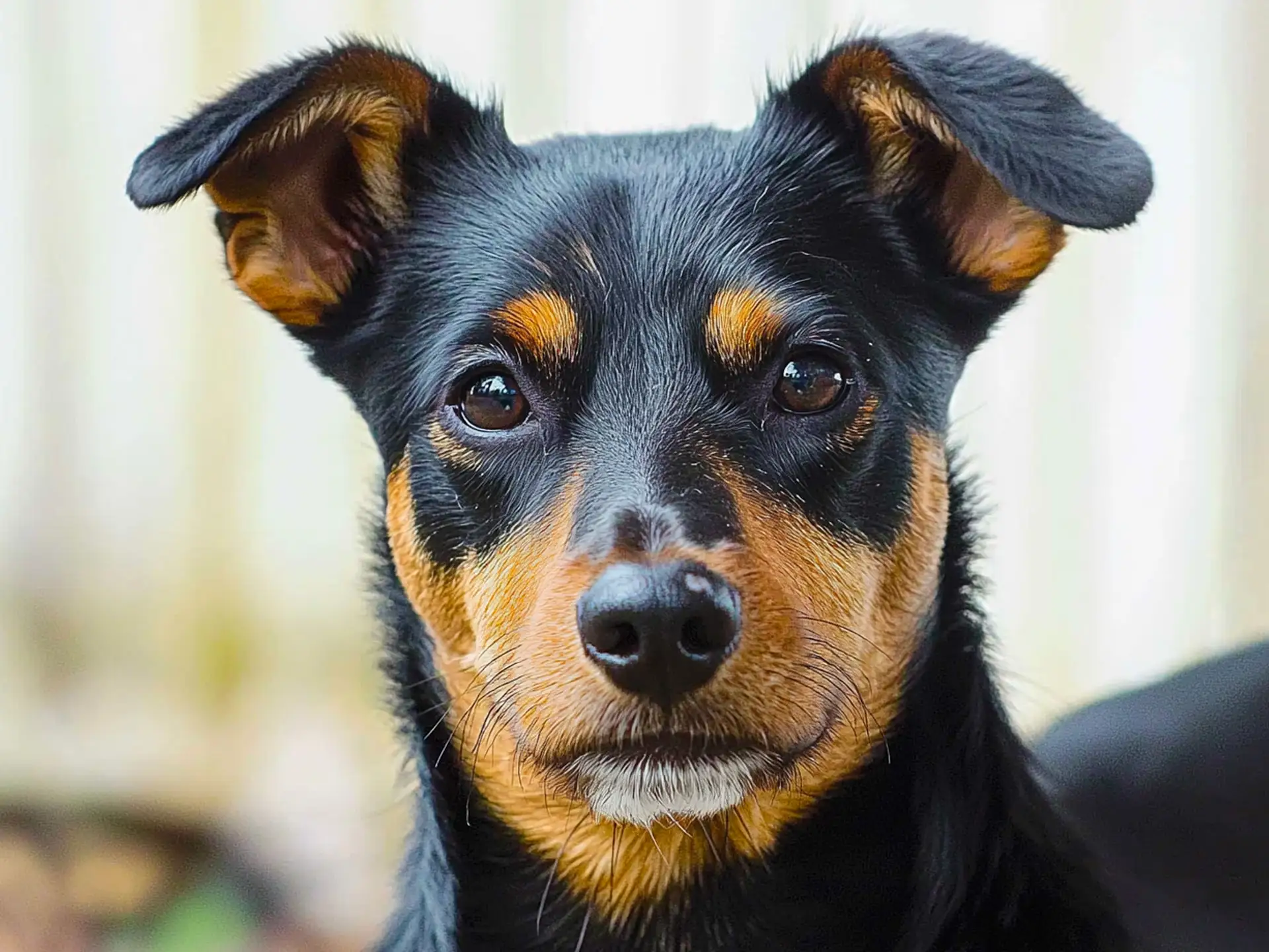 Close-up of a Lancashire Heeler's face, highlighting its alert expression and black and tan fur