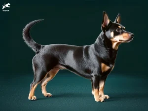 Lancashire Heeler Dog breed full body view standing against green background