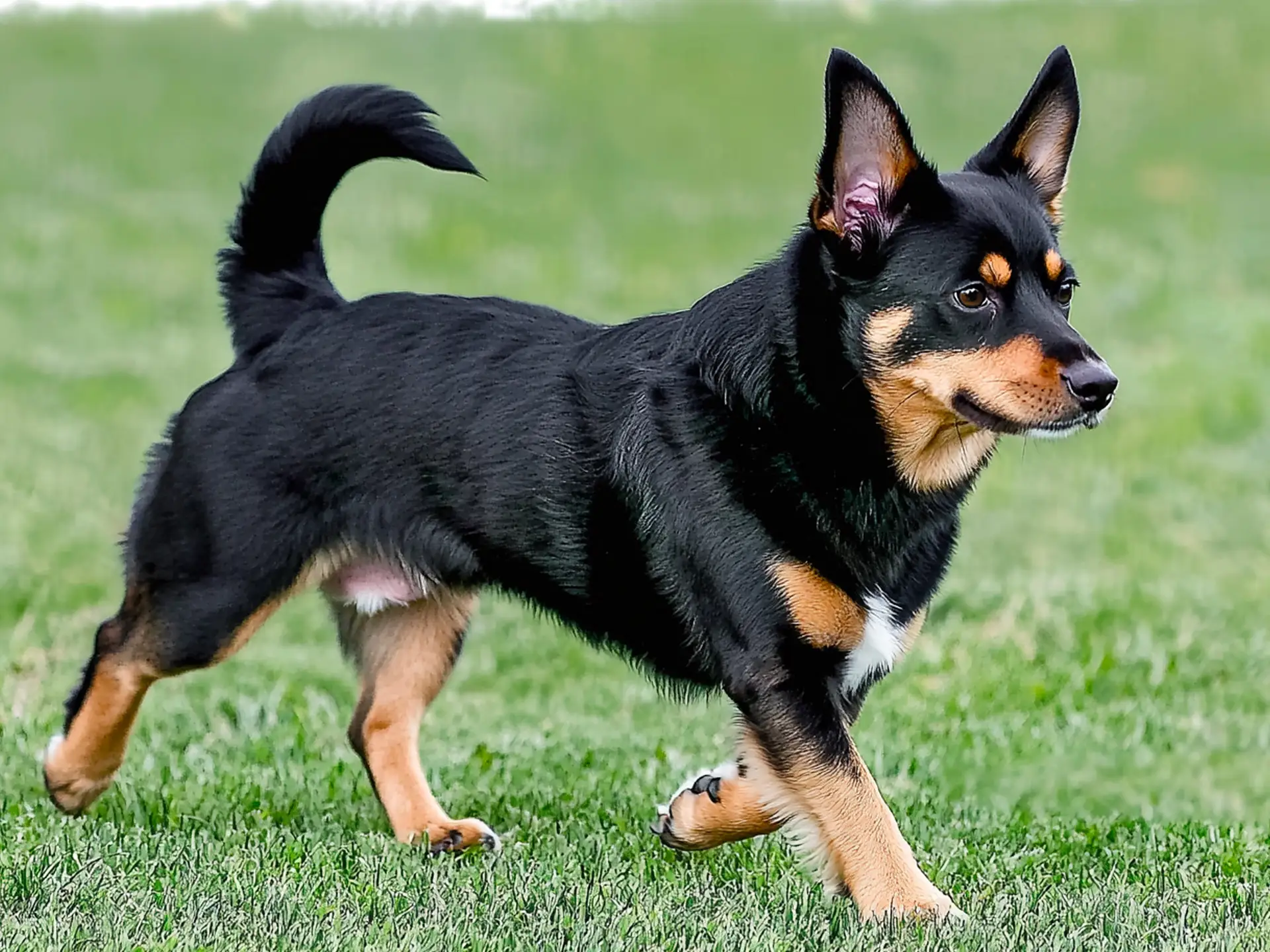 A Lancashire Heeler standing confidently on grass, showing its distinctive black and tan coat