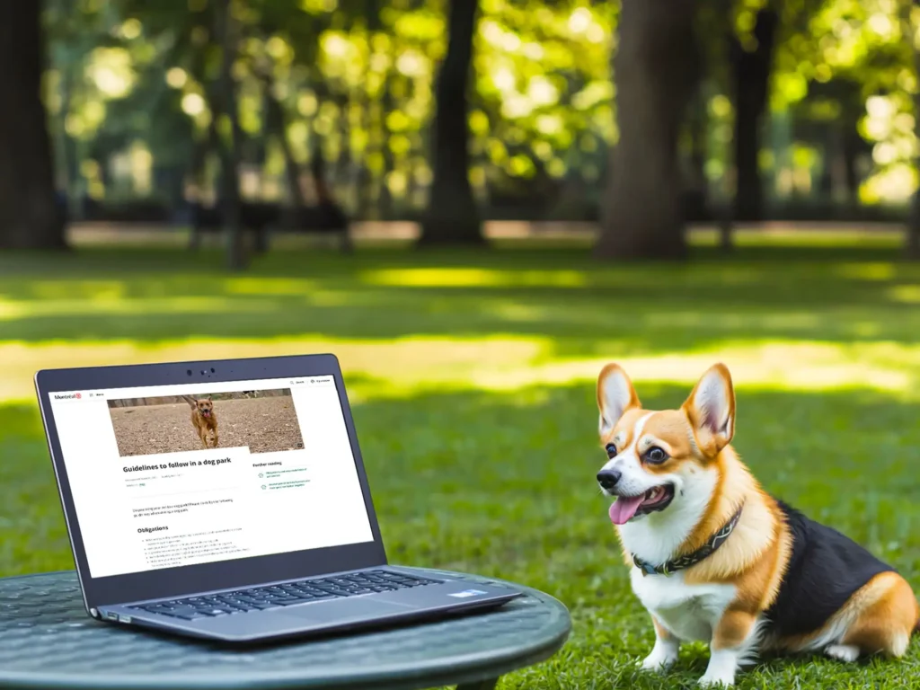 A Corgi sitting near a laptop on a park table, symbolizing ways to learn more about dog park rules and regulations online