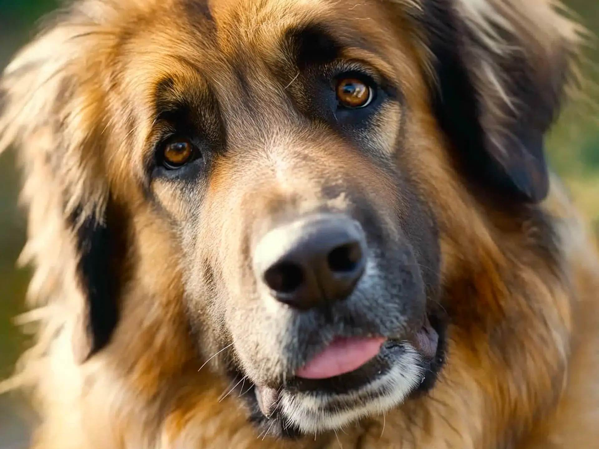 Close-up of a Leonberger dog's face showing its gentle expression and thick golden-brown fur.