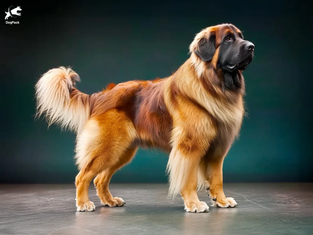 Leonberger Dog breed full body view standing against green background