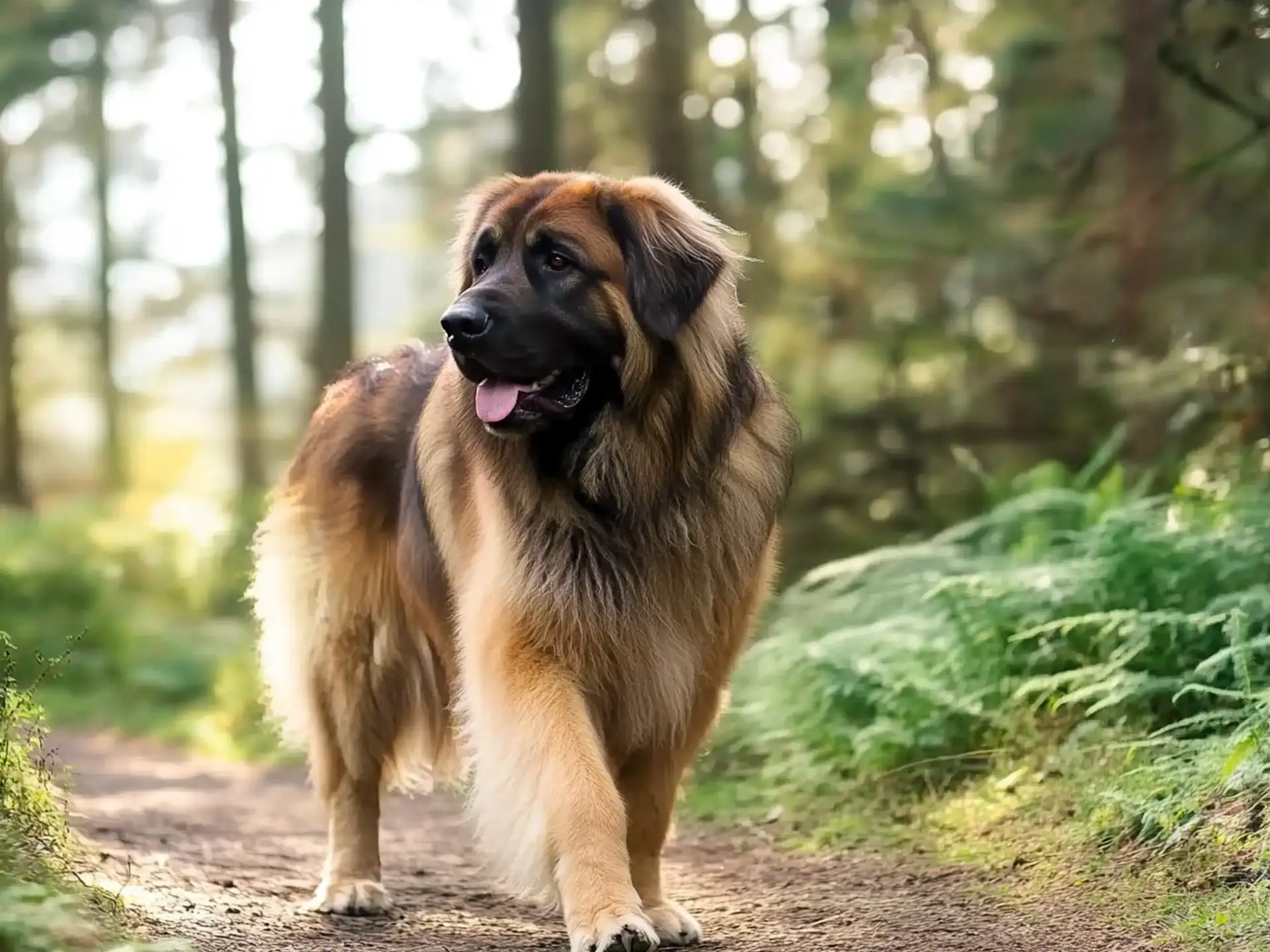 Leonberger dog standing in a sunlit forest with a thick, golden-brown coat and a relaxed posture.