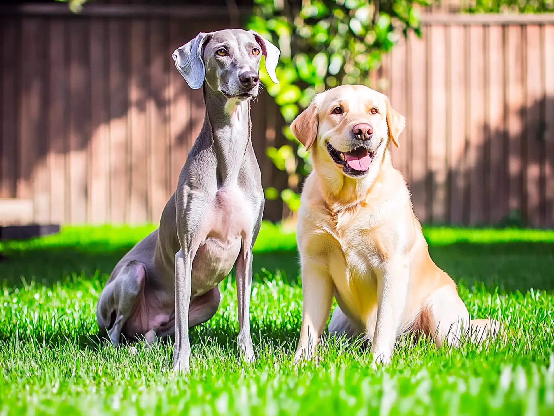 Greyhound and Labrador Retriever sitting in a sunny backyard, representing the low-maintenance nature of the best dog breeds for easy care and minimal grooming.