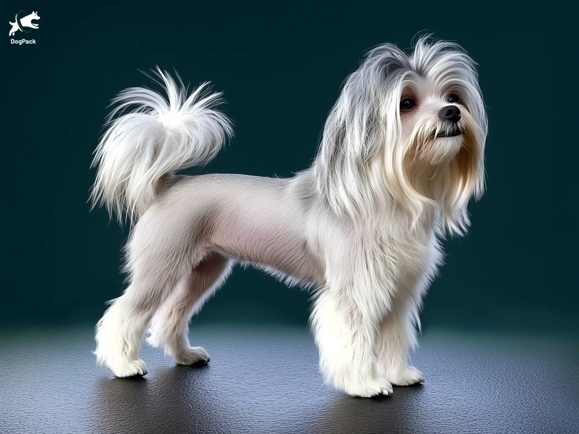 Löwchen Dog breed full body view standing against green background