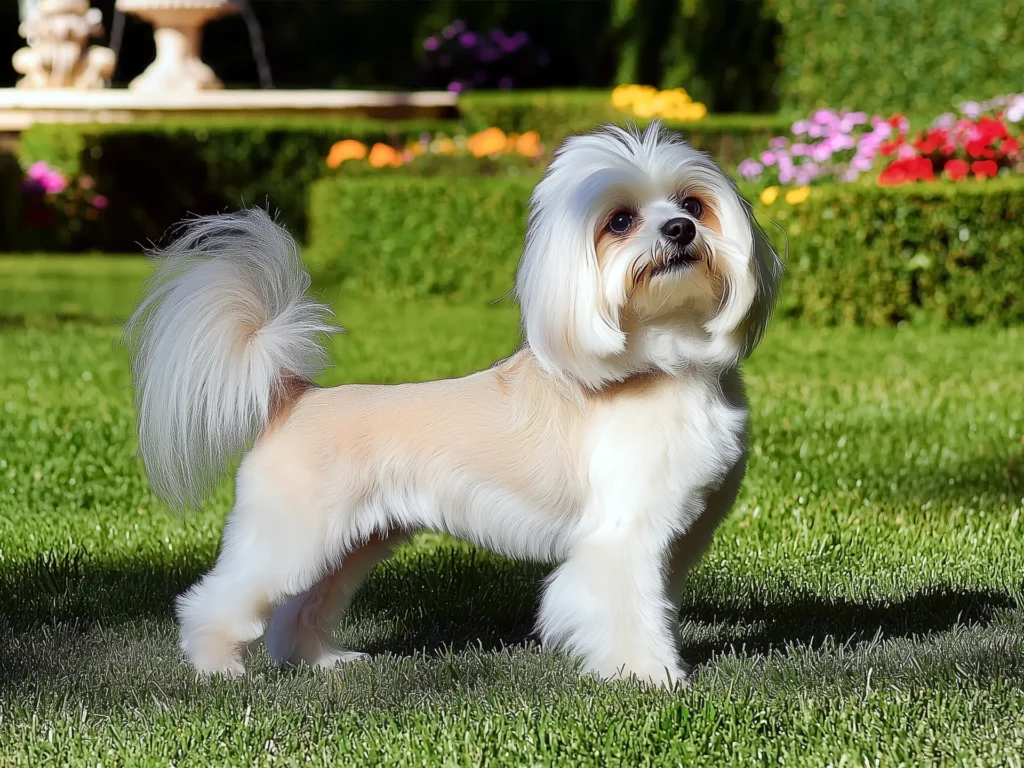 Löwchen standing in a luxurious garden, showcasing its lion-like haircut and elegant posture, symbolizing its status as one of the most expensive dog breeds.