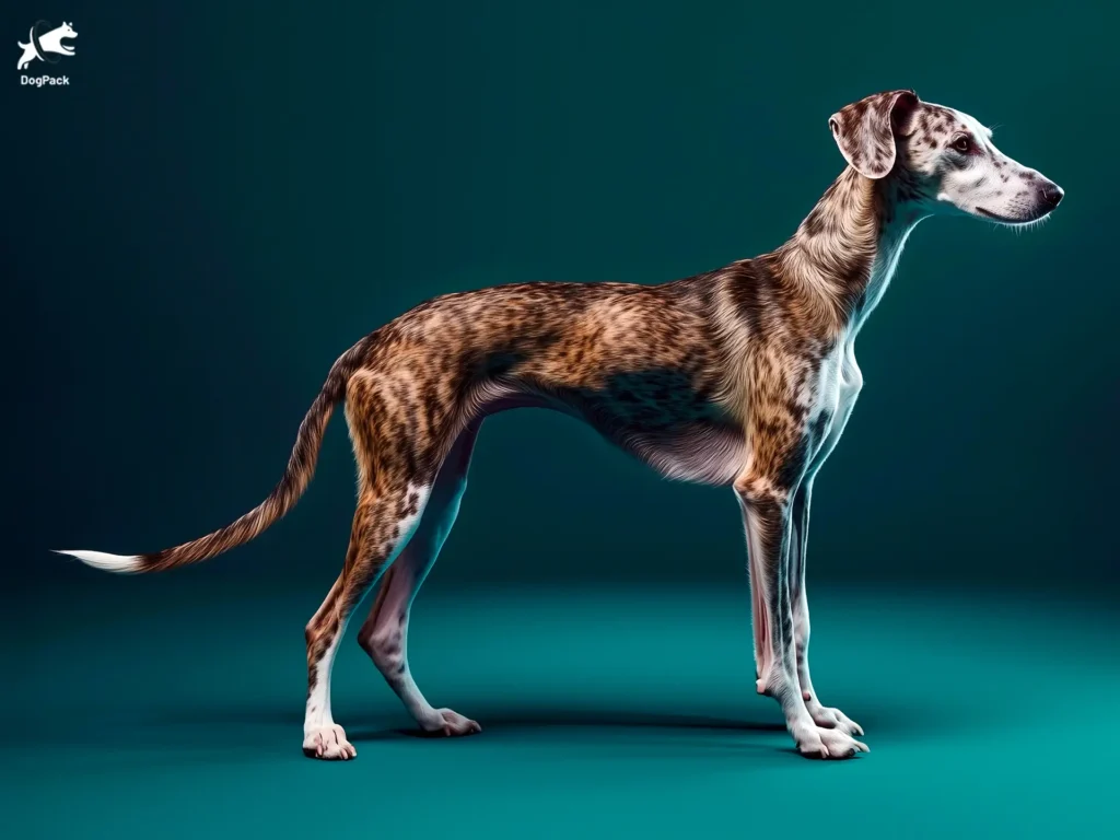 Lurcher Dog breed full body view standing against green background