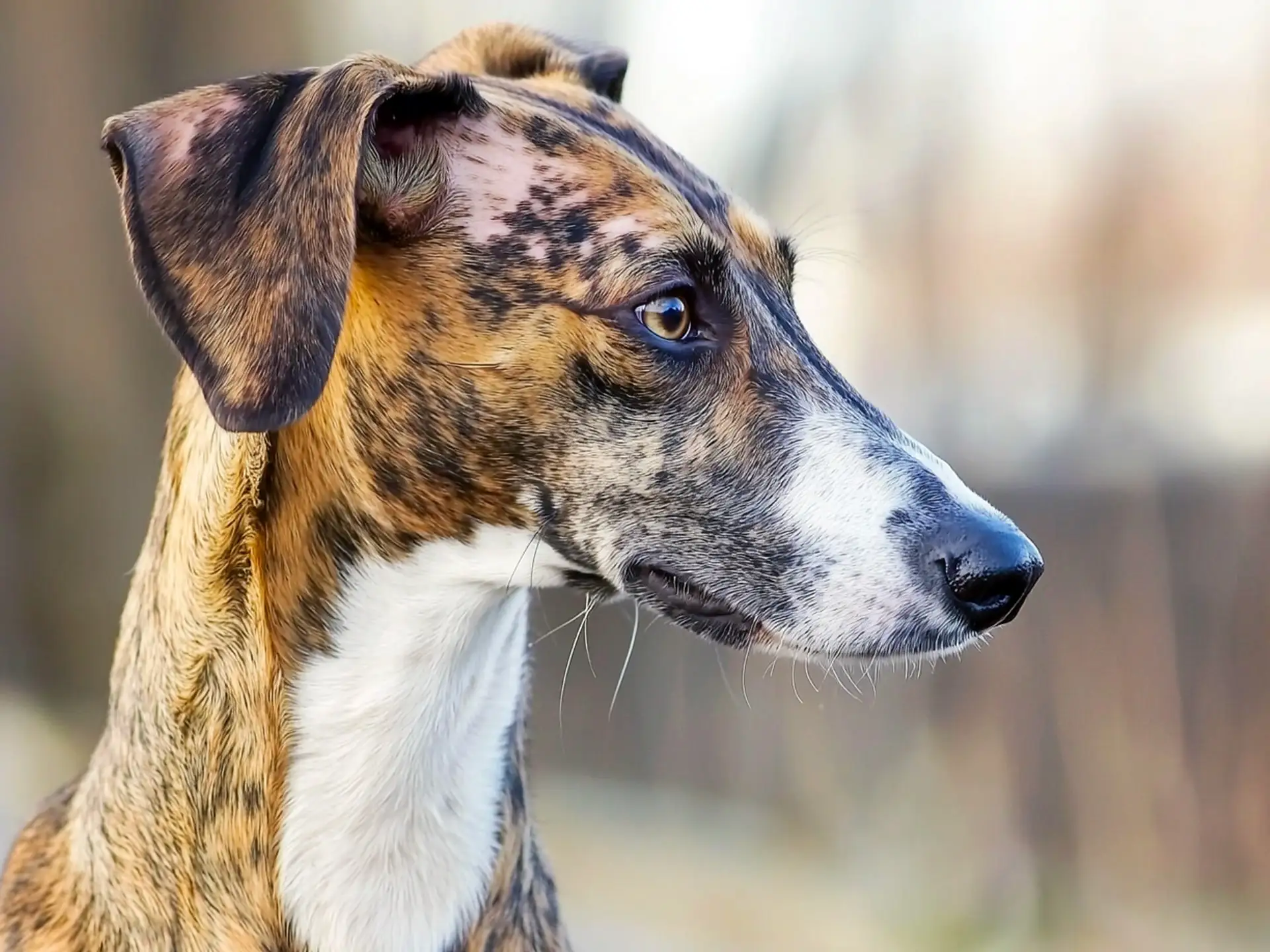 Close-up of a Lurcher dog's head with brindle markings and alert expression