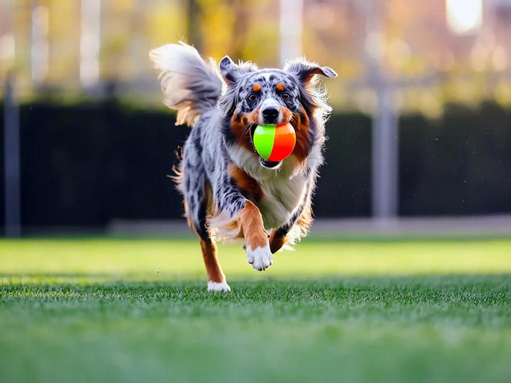 An Australian Shepherd running with a ball in its mouth at a sunny dog park, showing how to make the most of park visits through fun and play