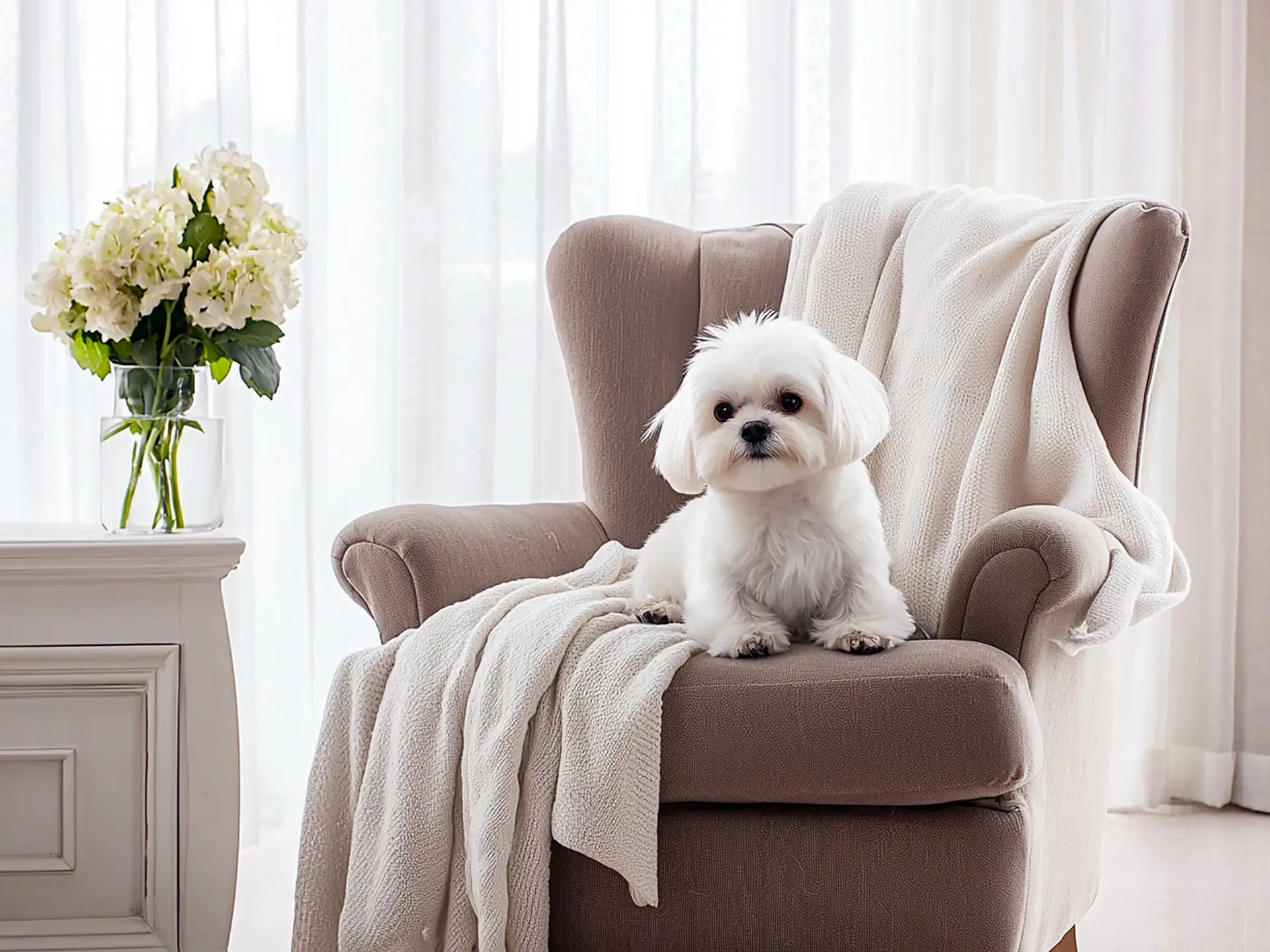 altese sitting elegantly on a plush armchair, showcasing its hypoallergenic coat, low-shedding nature, and suitability for minimal-effort pet care.