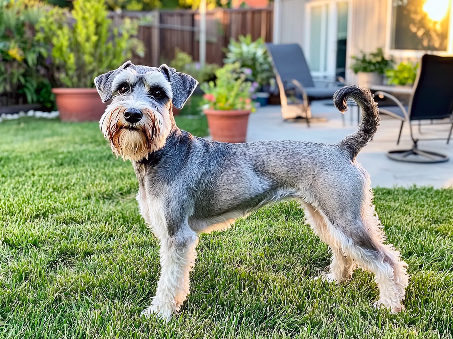 Miniature Schnauzer standing on a suburban lawn, showcasing its hypoallergenic, wiry coat and intelligent, low-maintenance nature.