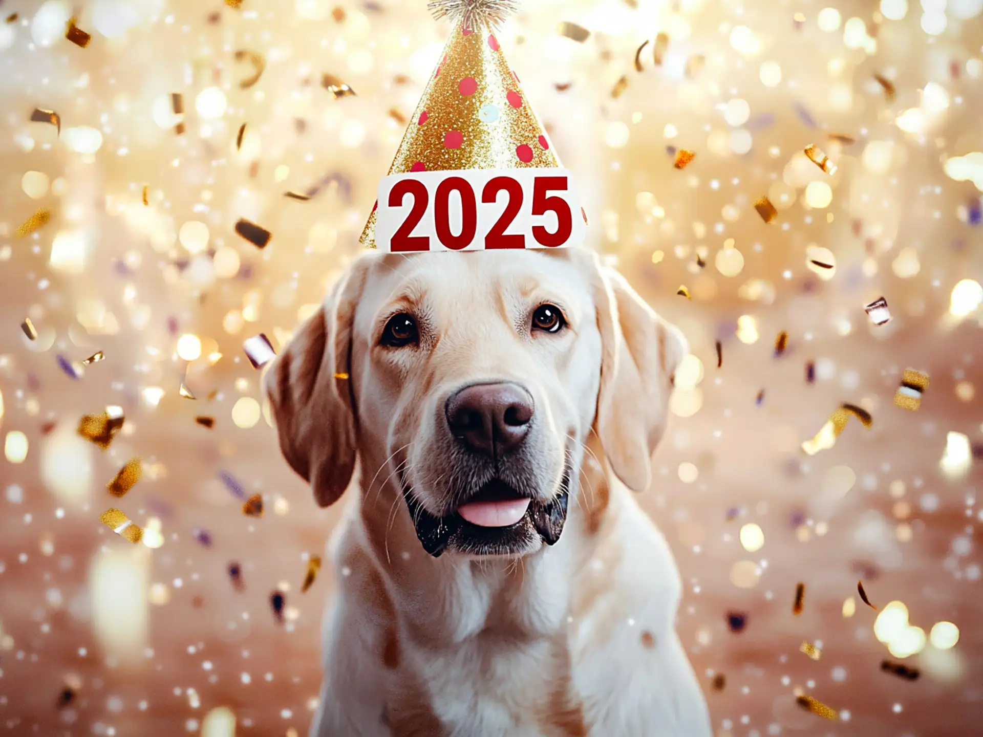 Labrador Retriever in a 2025 party hat with confetti, highlighting the most popular dog breeds for 2025