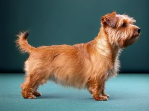 Norfolk Terrier Dog breed full body view standing against green background