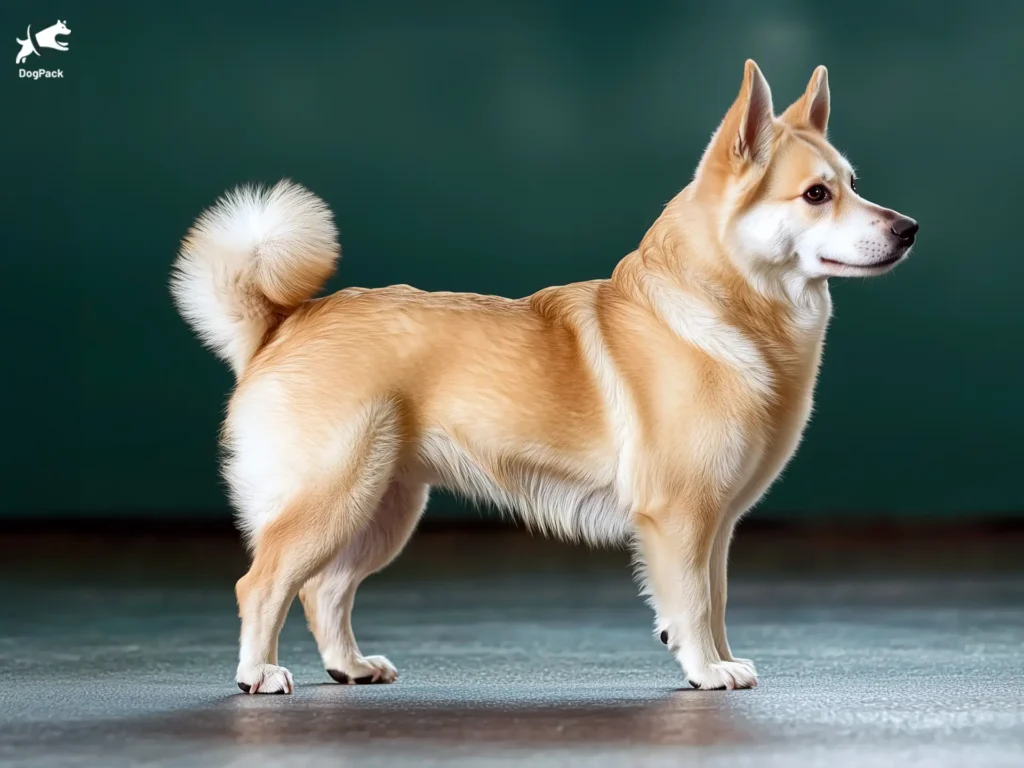 Norwegian Buhund Dog breed full body view standing against green background