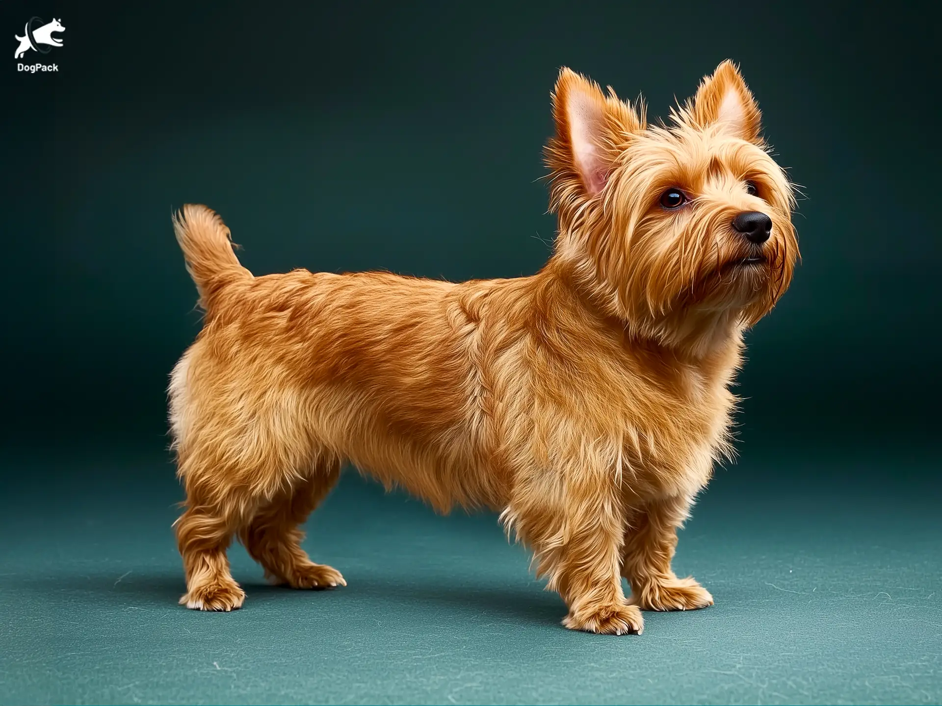 Norwich Terrier Dog breed full body view standing against green background