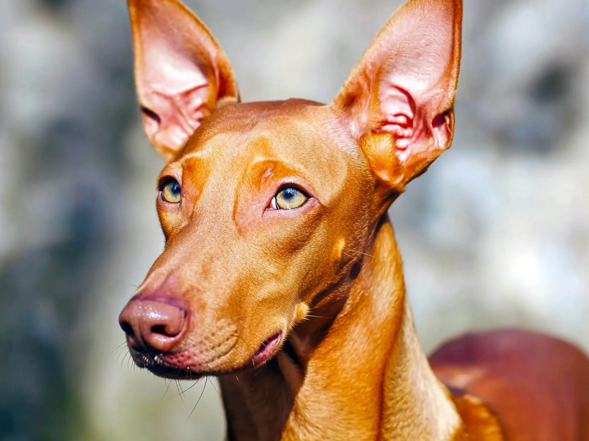 Close-up of a Pharaoh Hound's face, emphasizing its large ears and expressive eyes