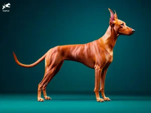 Pharaoh Hound Dog breed full body view standing against green background