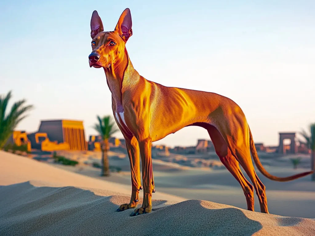 Pharaoh Hound standing on a desert dune at sunset, showcasing its sleek reddish-gold coat and regal stance, symbolizing its rarity and value as one of the most expensive dog breeds.