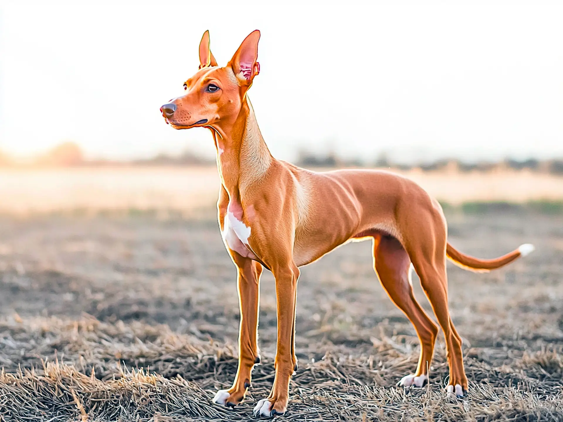 Pharaoh Hound standing alert in a dry landscape, highlighting its elegant posture