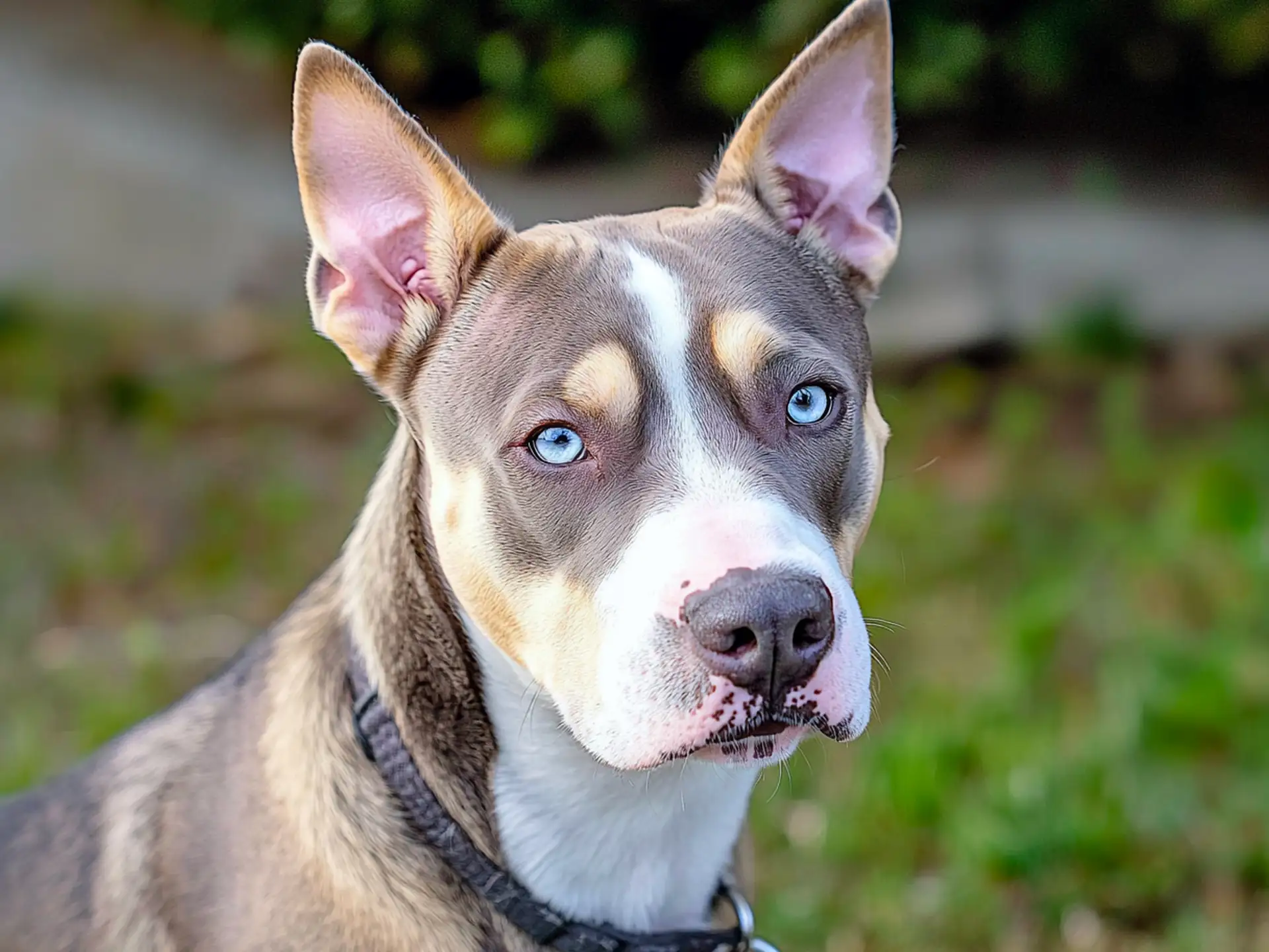 Close-up of a Pitsky showcasing piercing blue eyes and upright ears