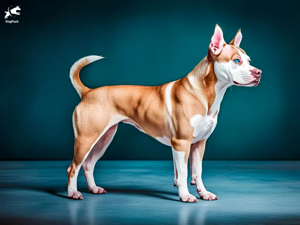 Pitsky Dog breed full body view standing against green background