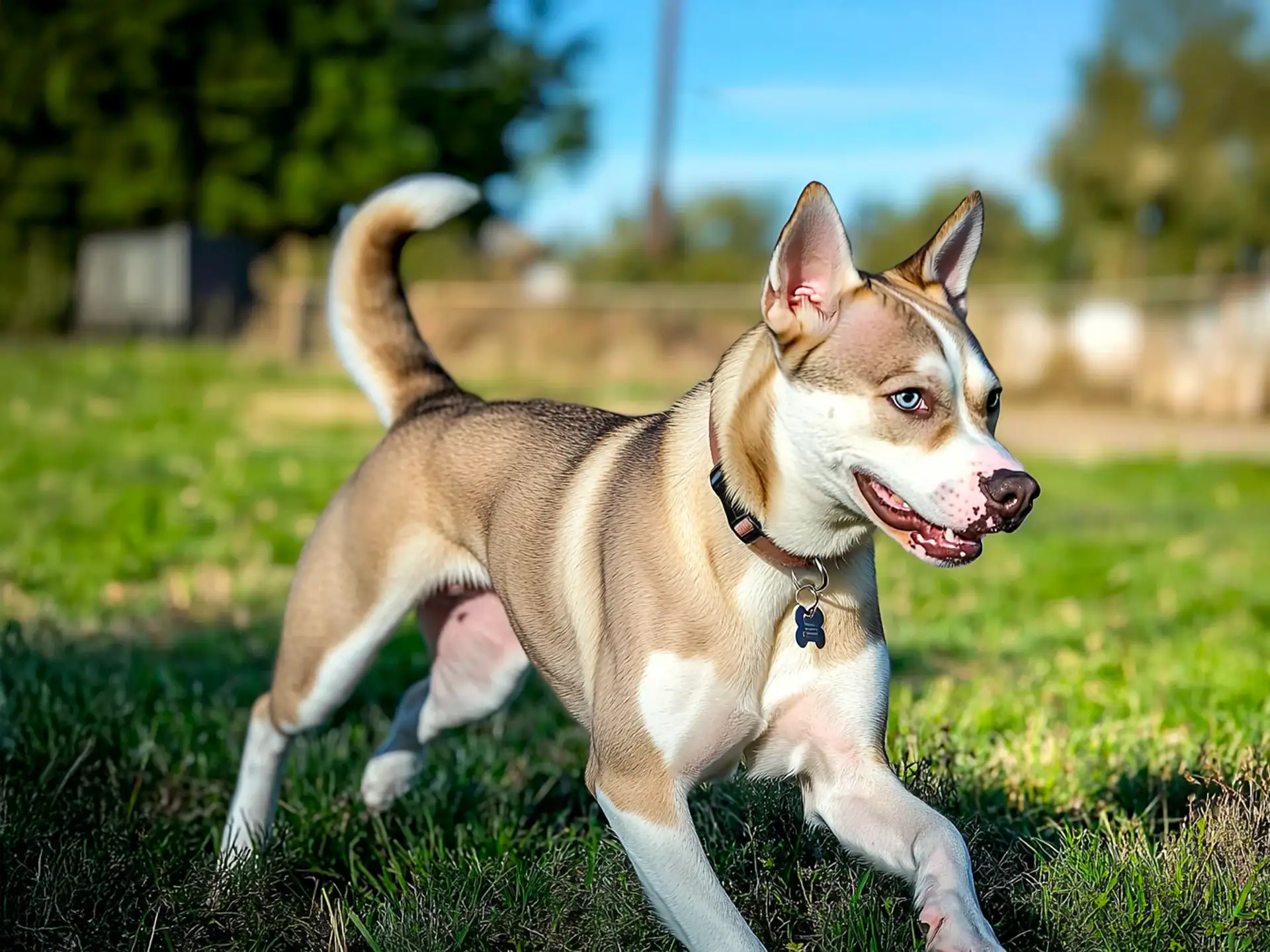 Energetic Pitsky running in a field with a bright blue sky