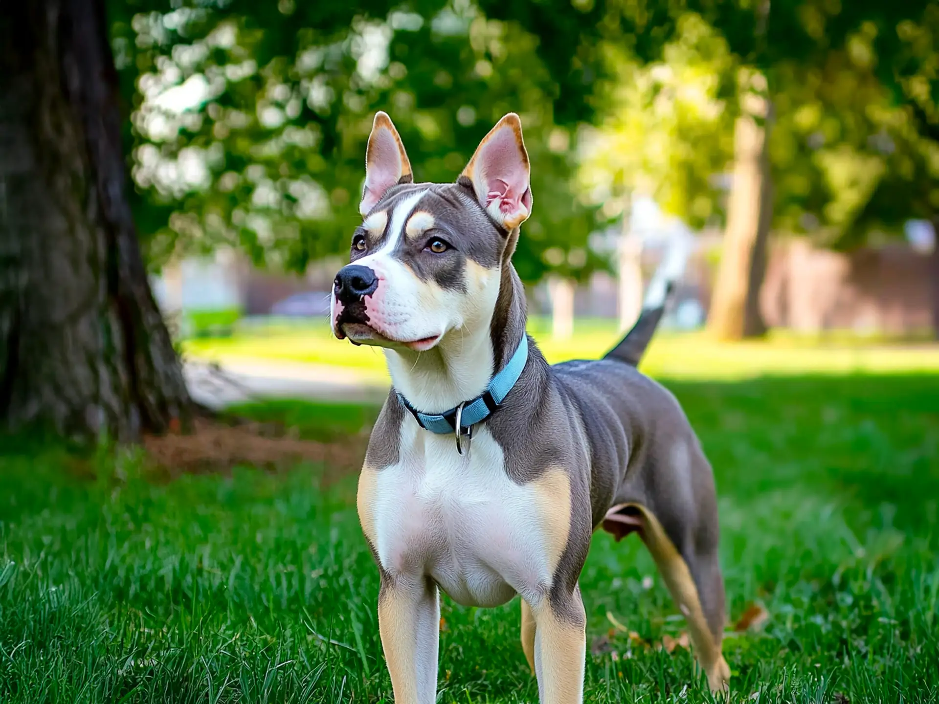 Alert Pitsky standing confidently in a park with a lush green background