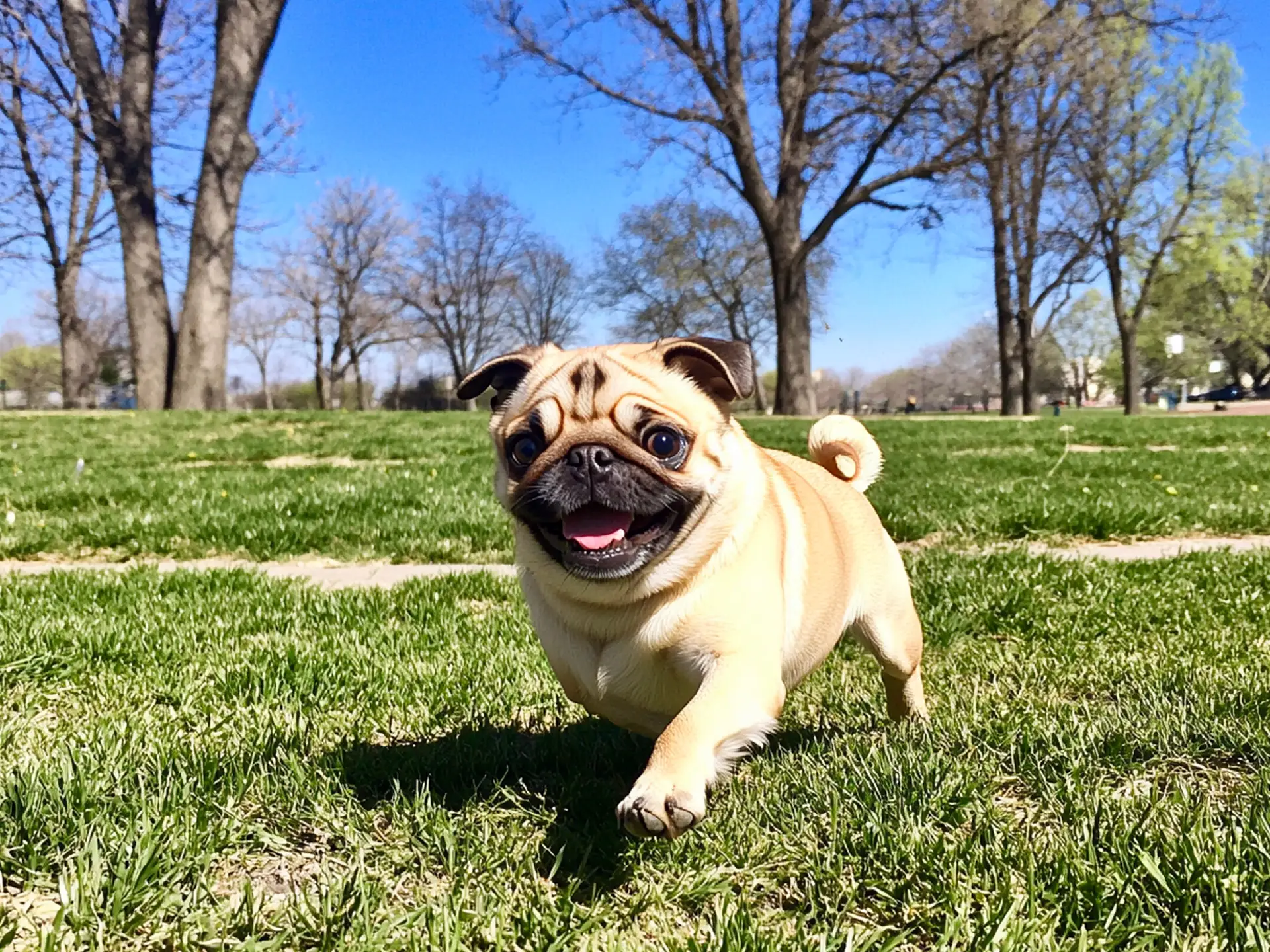 A playful Pug running on green grass in a sunny park