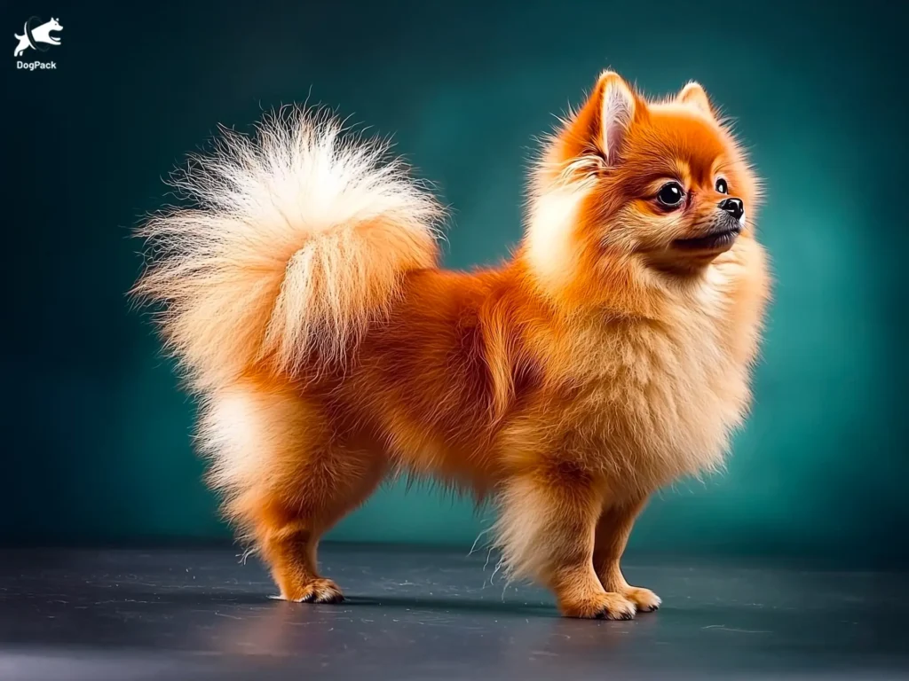 Pomeranian Dog breed full body view standing against green background