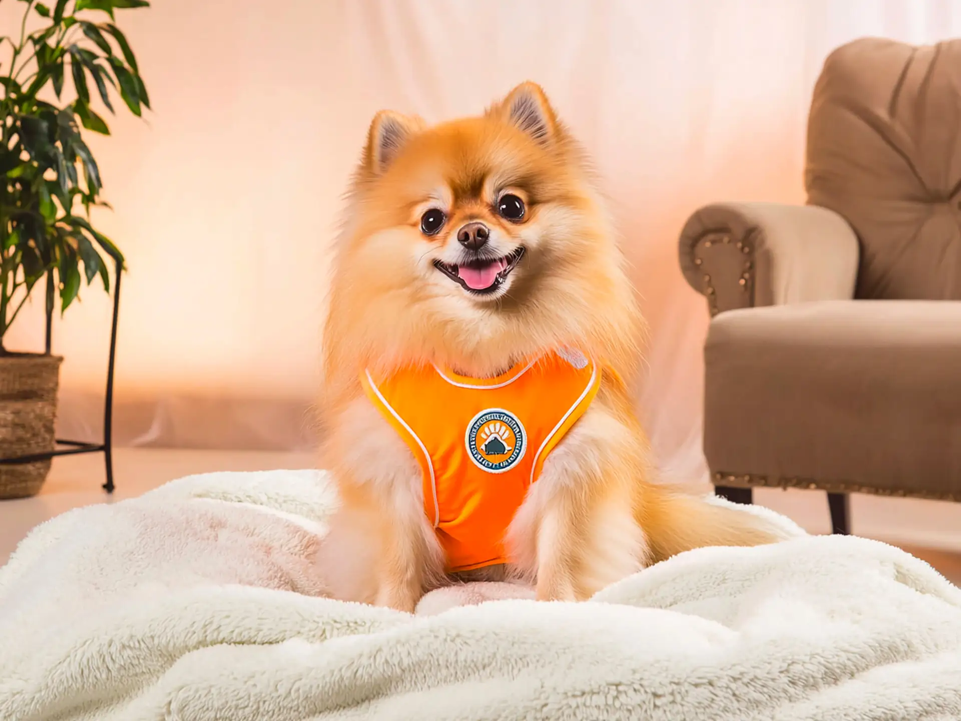 Pomeranian therapy dog wearing a bright orange vest, sitting cheerfully on a soft blanket in a cozy therapy room, showcasing its warm and comforting presence.