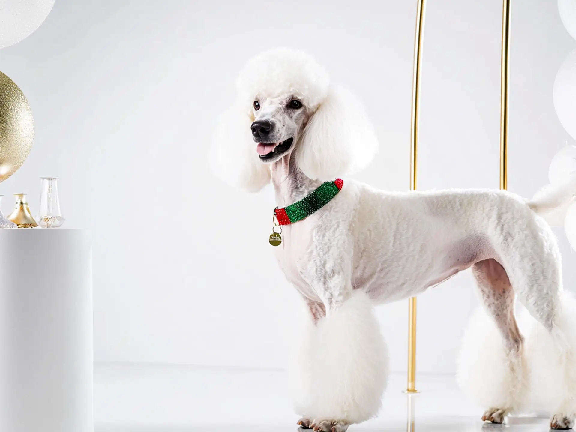 Sophisticated Standard Poodle wearing a festive collar, representing a top dog breed choice for 2025 celebrations