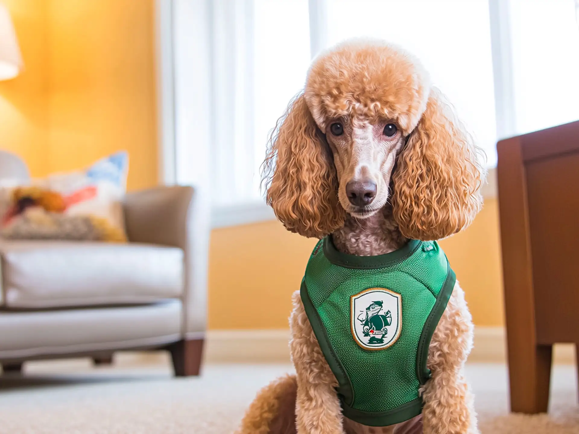 Standard Poodle therapy dog with a green therapy vest, sitting calmly in a welcoming therapy room, highlighting its intelligence and adaptability for emotional support.