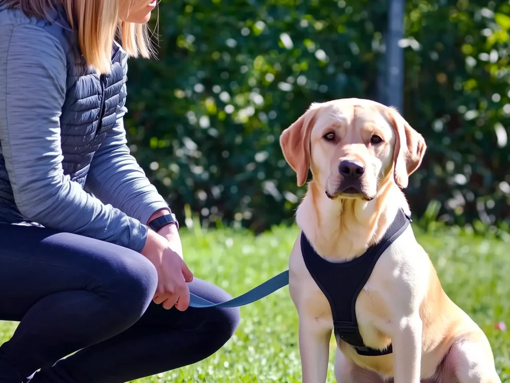 An attentive Labrador mix sitting obediently with its owner in a sunny park, highlighting preparation tips for a successful dog park visit.