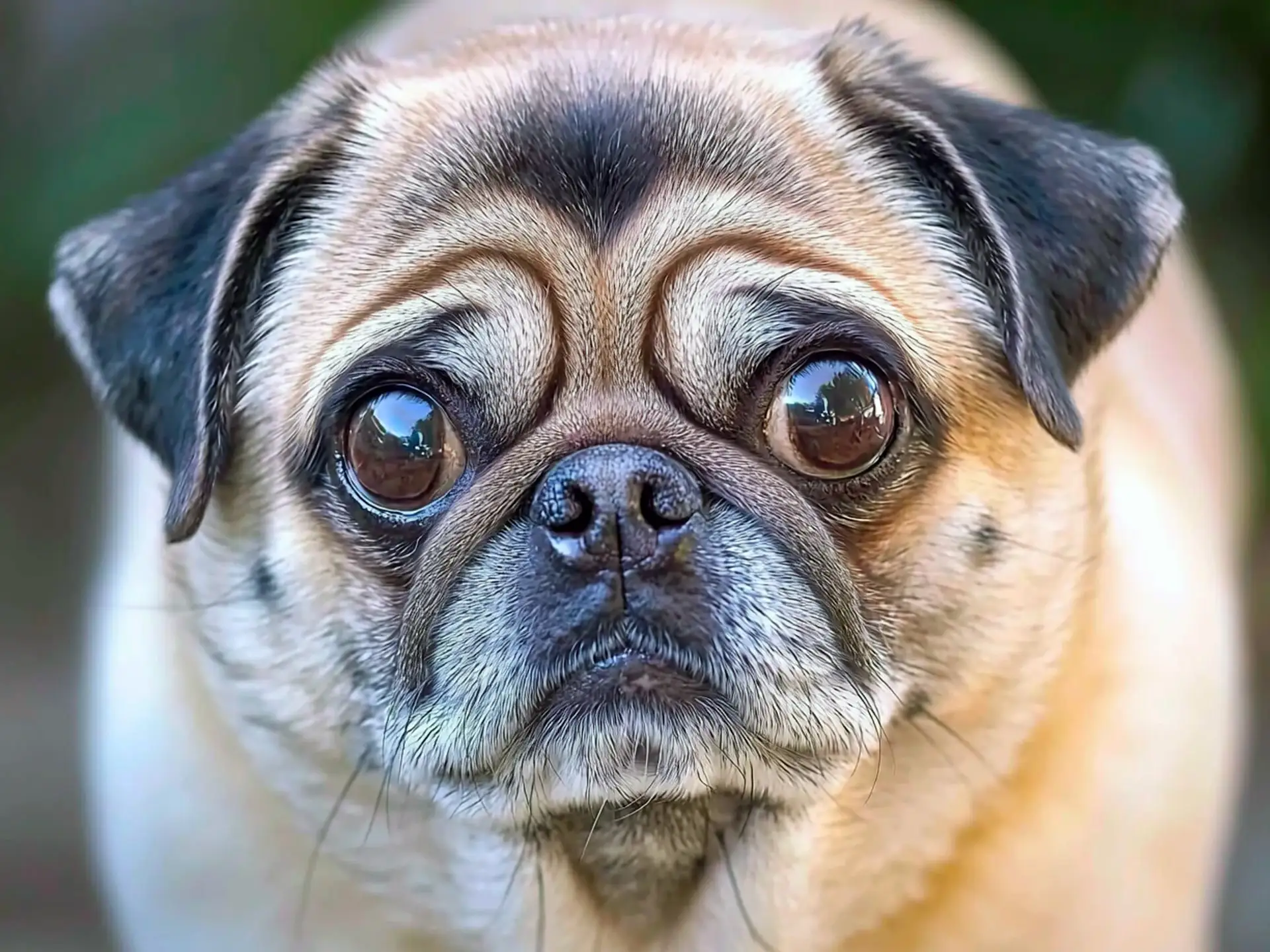 Close-up of a Pug's wrinkled face with large, expressive eyes