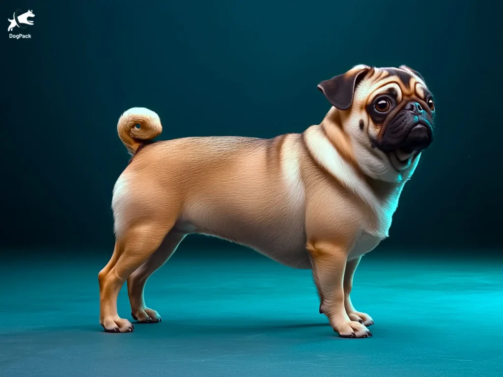 Pug Dog breed full body view standing against green background