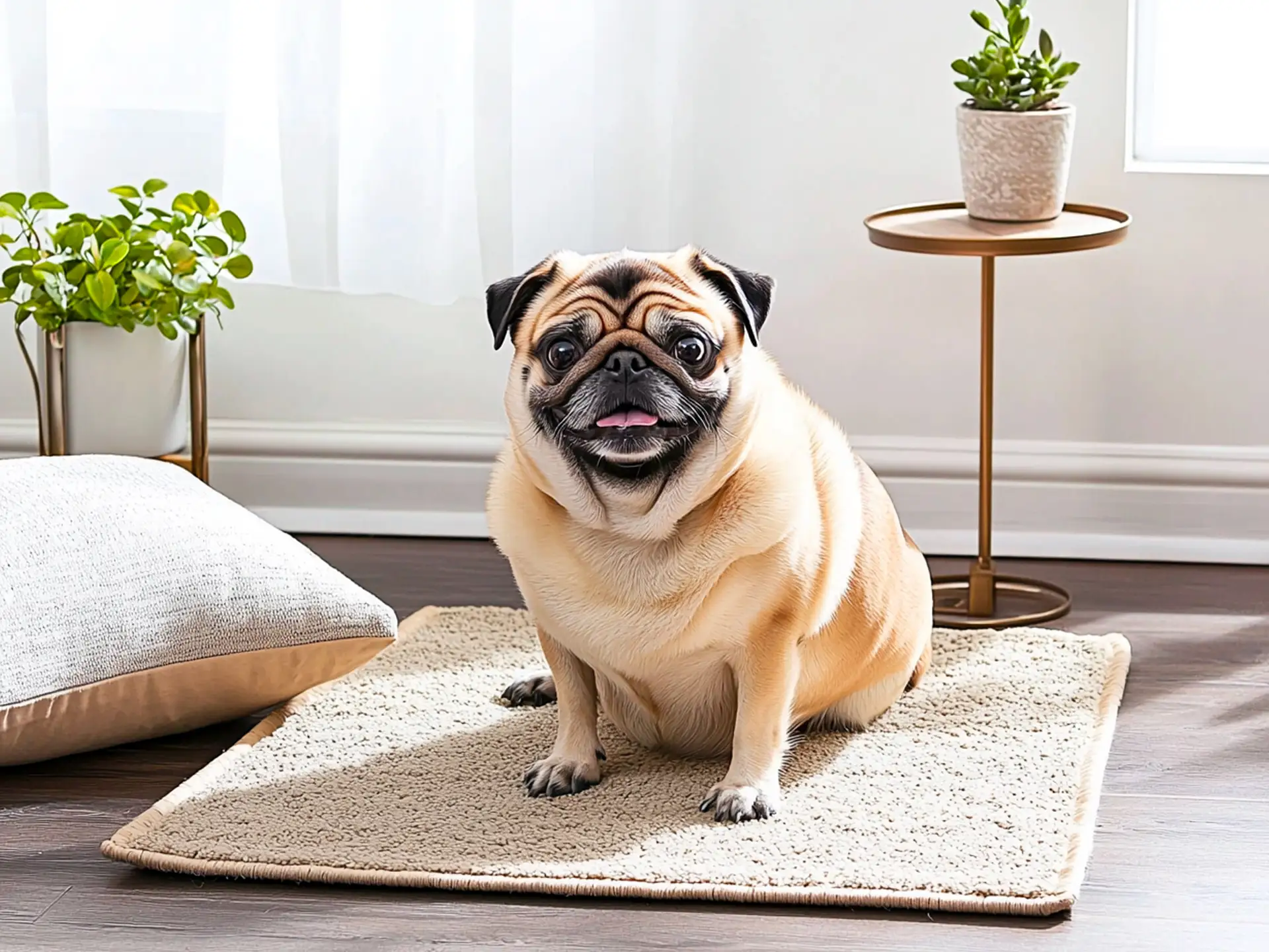 Pug sitting on a cozy living room rug, showcasing its affectionate, playful nature and low-maintenance grooming needs perfect for indoor living