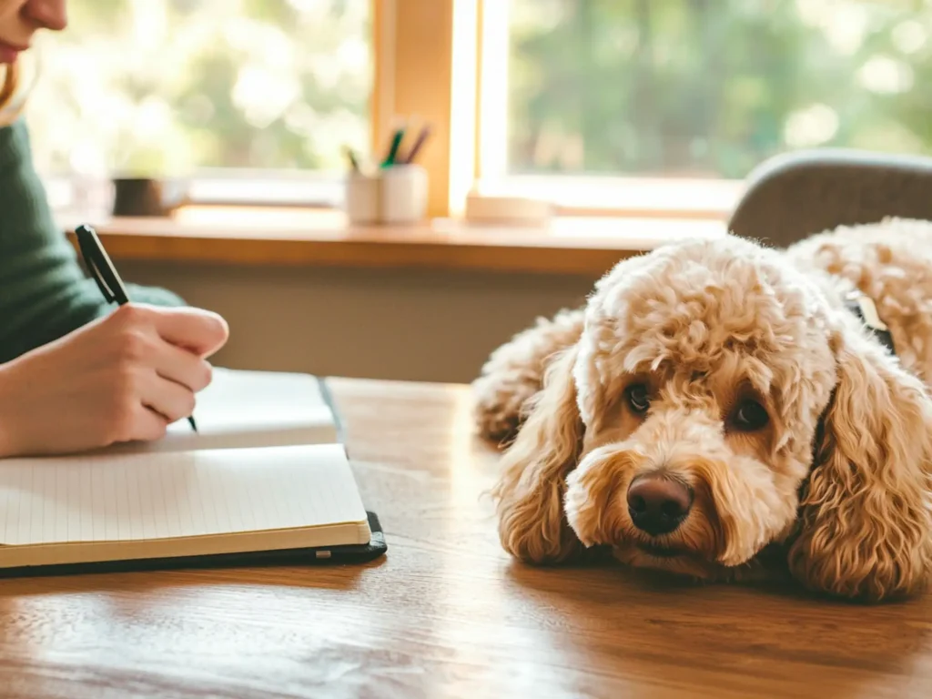 Person writing about a Second Dog Pros and Cons in a notebook, reflecting the decision to get a second dog