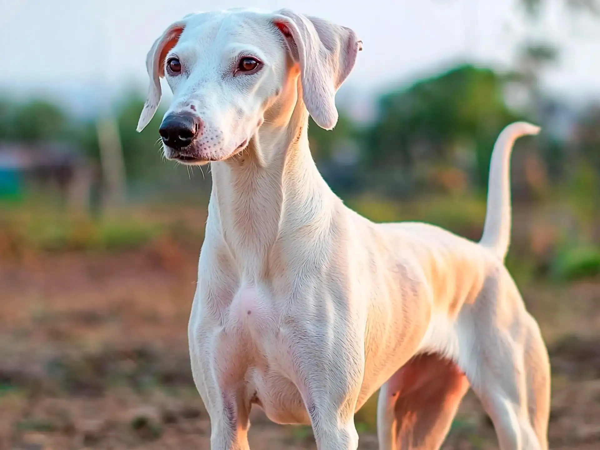 Full-body view of a Rajapalayam dog standing outdoors with a lean, muscular build